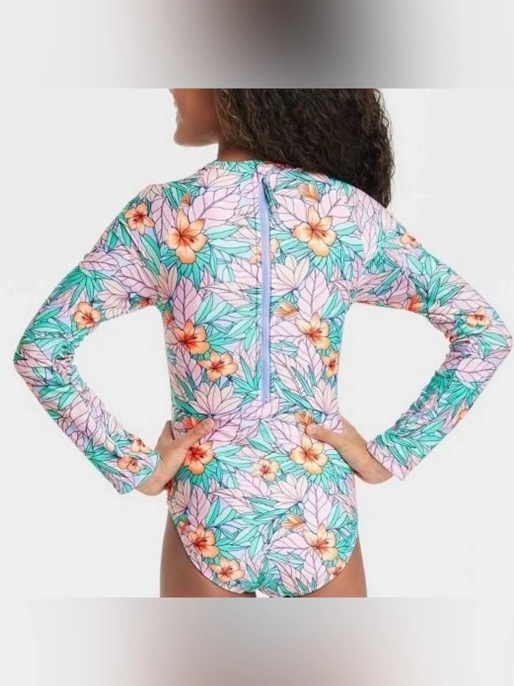 Girls' Long-Sleeve Floral One Piece Rashguard Swimsuit (Size: L)